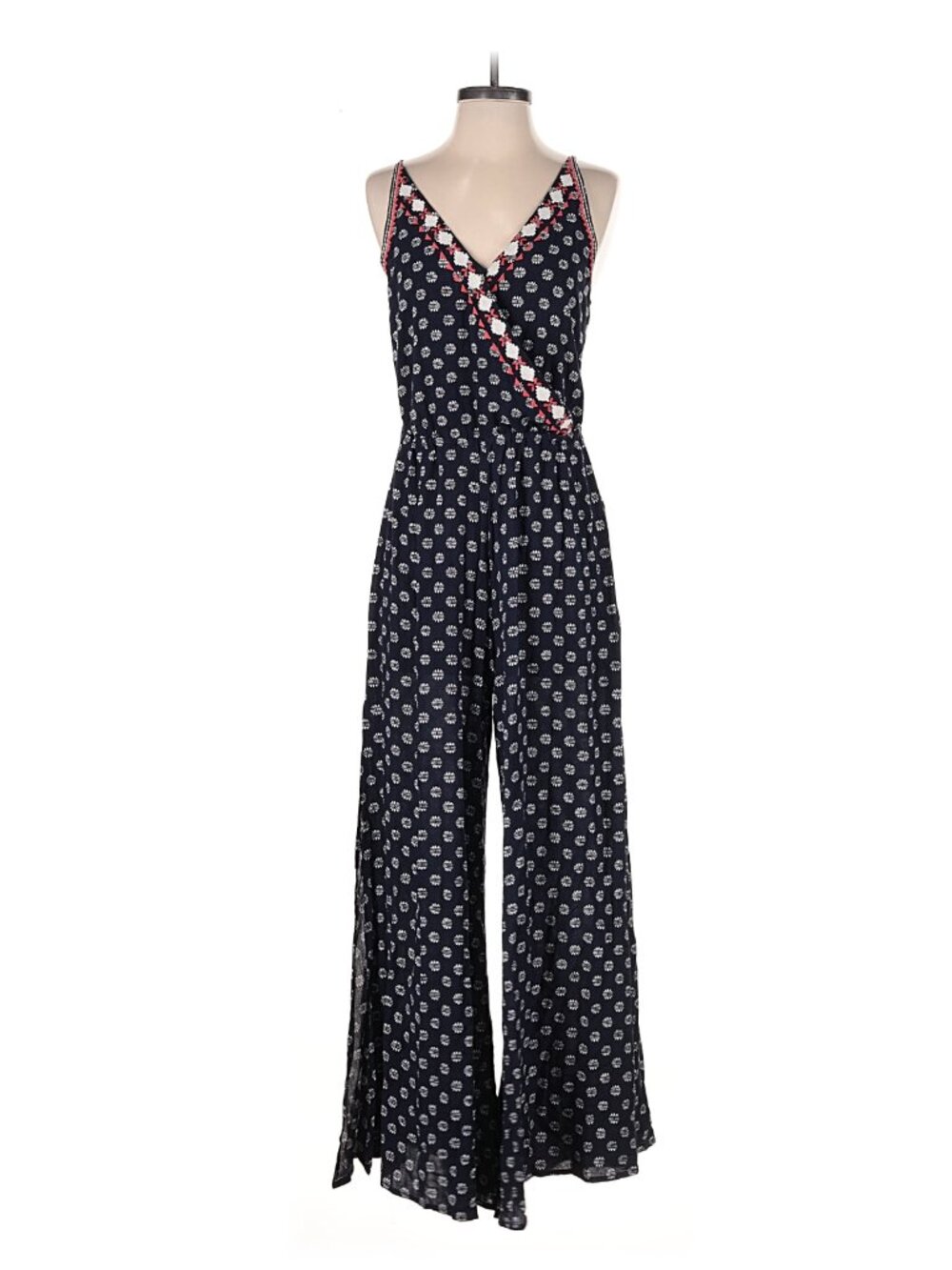 1.State | Navy Embroidered Wide Leg Slit Jumpsuit / Pantsuit